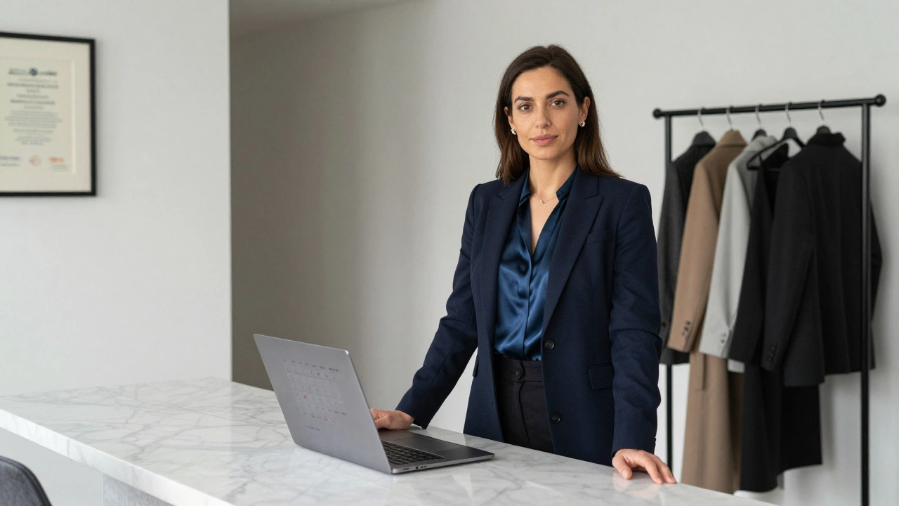 A professional woman works calmly in her minimalist London apartment, displaying client bookings on a laptop.
