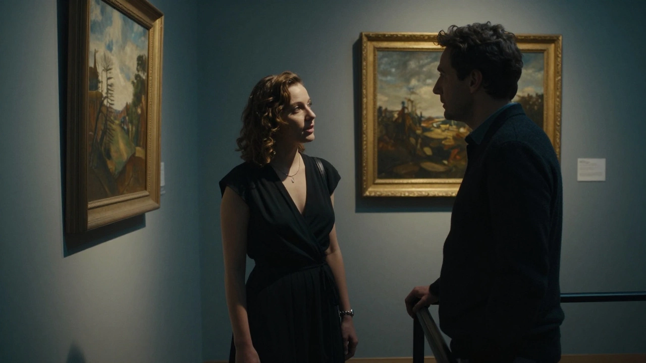 A woman and man standing together in a Paris gallery, deeply engaged in conversation as they view art, radiating calm emotional presence.