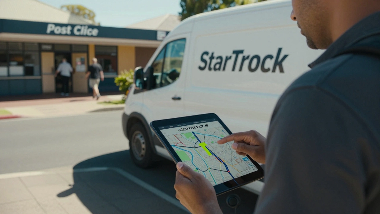 Delivery driver holding tablet with package marked &#039;Hold for Pickup&#039; beside delivery van.