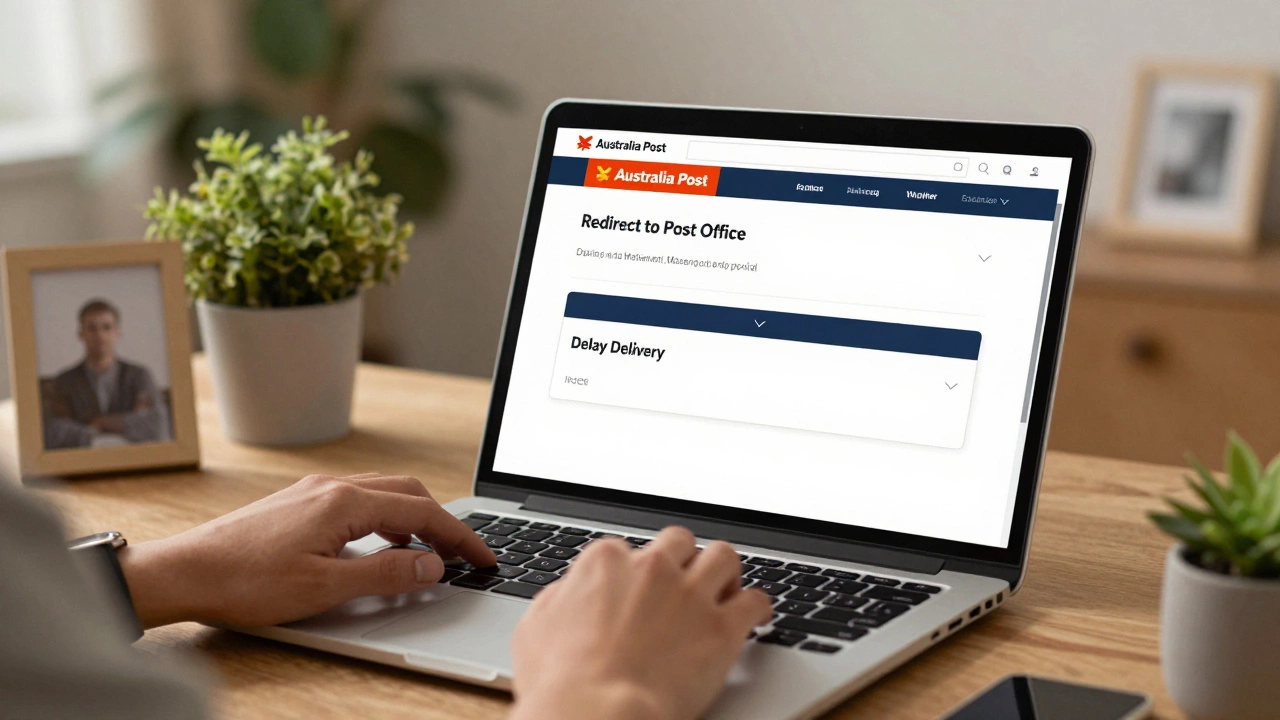 Person managing package delivery options on laptop screen showing Australia Post portal.