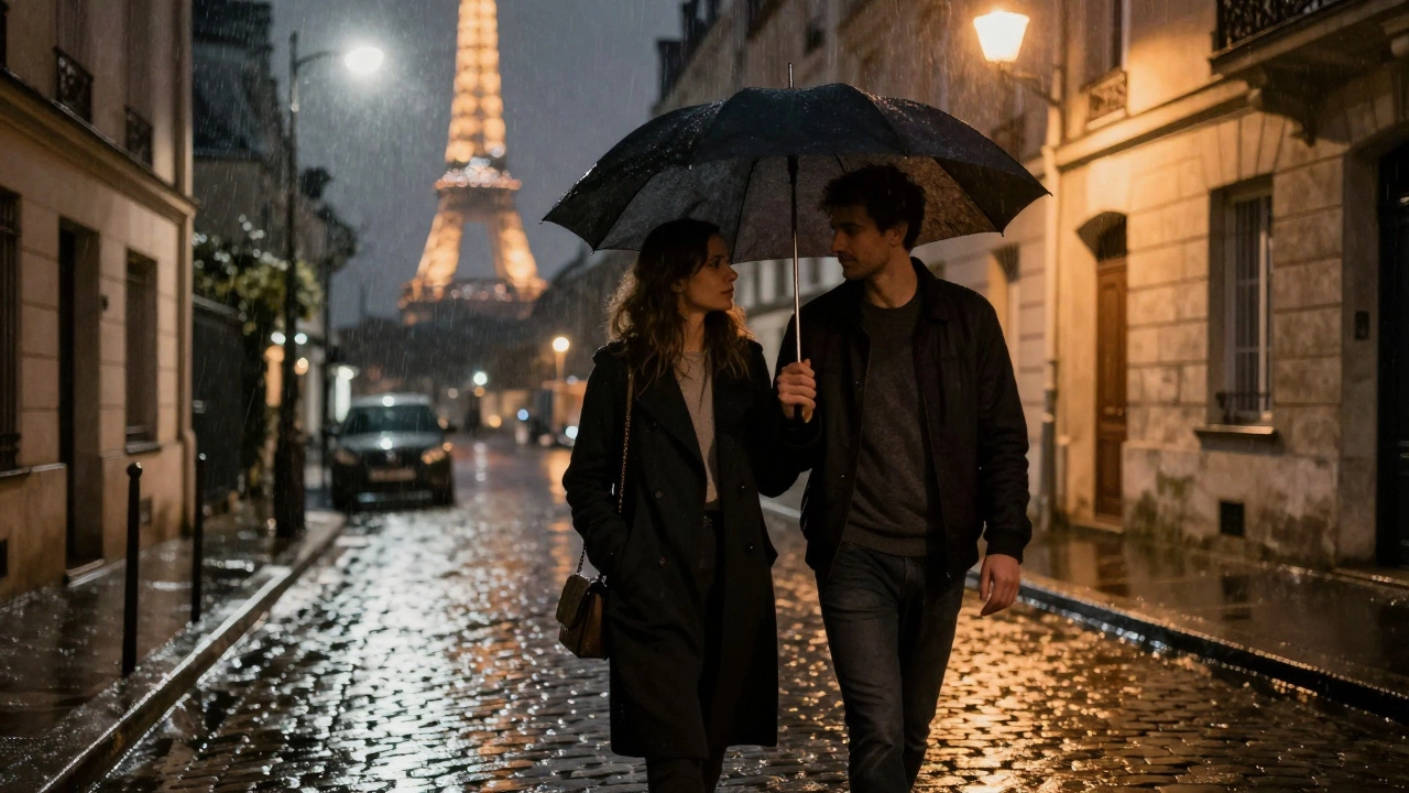 Two figures walking together under an umbrella on a rainy Paris street, their connection evident through posture and shared space.